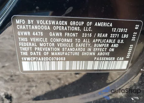 2013 Volkswagen Passat 2.5L Sel z USA, uszkodzony, nr VIN 1VWCP7A32DC079053